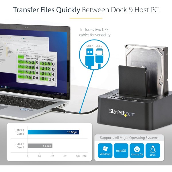 StarTech.com 독립형 하드 드라이브 복제기, 듀얼 베이 HDD/SSD 클로너/복사기, USB 3.1(10Gbps) - SATA III HDD/SSD 도킹 스테이션, 하드 디스크 복제기 도크, 하드 드라이브 클로너(SD
