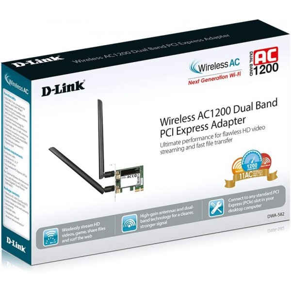D-Link DWA-582 PCI Express 어댑터(무선 AC1200 듀얼 밴드, 고성능 안테나 포함, 5GHz 대역에서 최대 867Mbit/s)