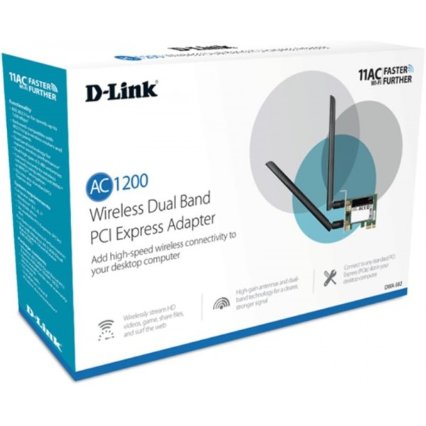 D-Link DWA-582 PCI Express 어댑터(무선 AC1200 듀얼 밴드, 고성능 안테나 포함, 5GHz 대역에서 최대 867Mbit/s)