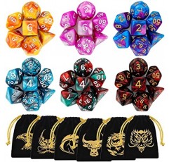 QMay DND 주사위 세트(6개 패턴 주사위 가방, 42개, 6개 세트) - 던전 앤 드래곤 RPG MTG 테이블 게임에 적합한 이중 색상 다면체