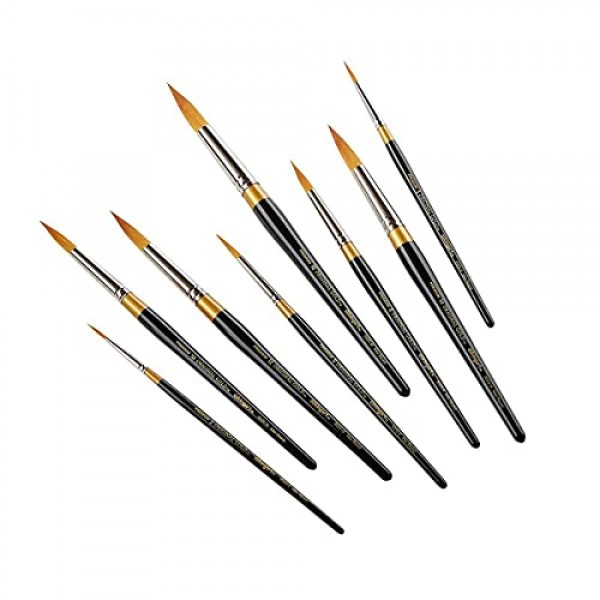 KINGART 프리미엄 오리지널 골드 시리즈 수제 골든 타클론 멀티미디어 아티스트 브러쉬, 선물 상자, 8개 세트, 검정색 광택 핸들, 오일, 아크릴, 수채화 및 구아슈 페인트