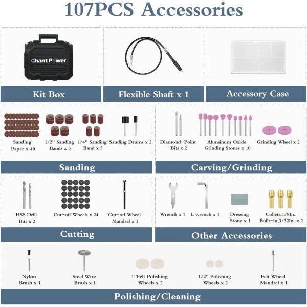 회전 도구, C P CHANTPOWER 회전식 다중 도구 키트, 플렉스 샤프트 포함, 107 액세서리 및 휴대용 케이스, 6 가변 속도, 연삭, 절단, 목각, 샌딩 및 조각에 이상적 유선 회전 