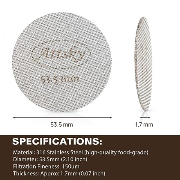 Attsky 53.5mm 에스프레소 퍽 스크린, 54mm 포터필터 필터 바구니용 에스프레소 필터, 1.7mm 두께 150μm 316 스테인레스 스틸의 재사용 가능한 에스프레소 스크린