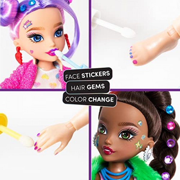 Far Out Toys GLO-UP Girls Season 2 Kenzie 아프리카계 미국인 소녀 패션 인형, 눈부신 보석, 헤어 보석, 액세서리, 패션, 얼굴 스티커, 메이크업, 네일