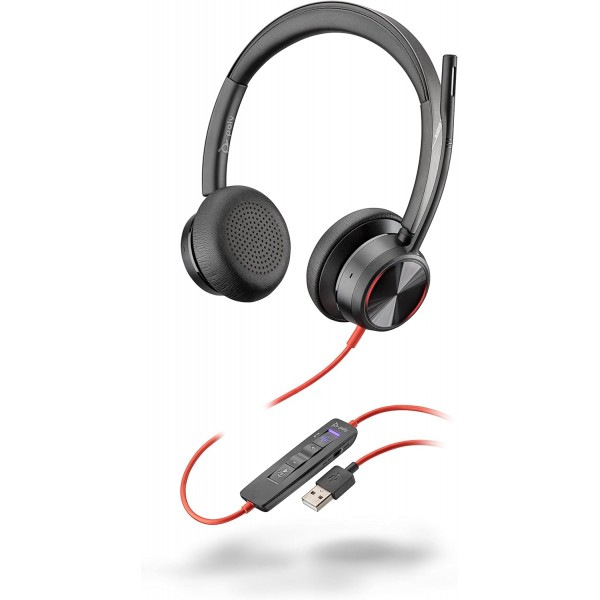 Poly - 마이크가 있는 Blackwire 8225 스테레오 헤드셋(Plantronics) - 컴퓨터/Mac에 연결하기 위한 USB-A가 있는 PC 헤드셋, 액티브 노이즈 캔슬링, Teams와 함께 작동(인증됨), Zoom 