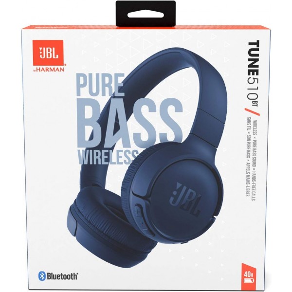 JBL Tune 510BT - 파란색 블루투스 오버이어 헤드폰 - 핸즈프리 기능이 있는 접이식 헤드폰 - 음성 어시스턴트와 호환 가능 - 최대 40시간의 긴 실행 시간 Blue Single