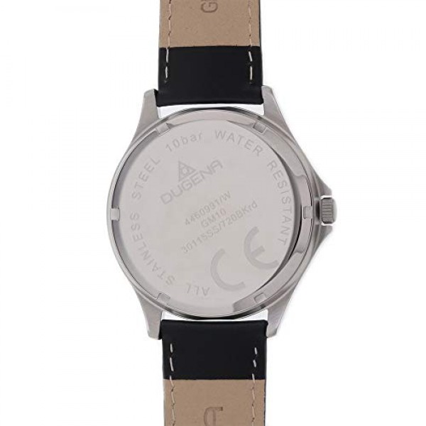 Dugena Boston 남성용 쿼츠 시계, 블랙 다이얼 스테인리스 스틸 케이스, 미네랄 유리 가죽 스트랩 및 핀 버클 10 바 4460991, 실버/블랙, 스트랩.