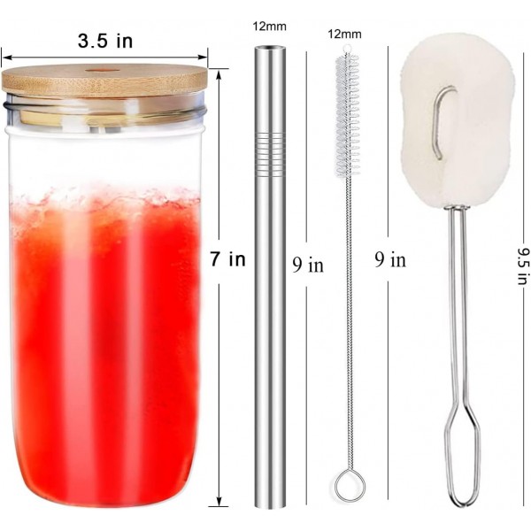 ALINK 버블 티 컵 팩 750ml 유리 컵 2개, 재사용 가능한 스무디 컵, 보바 컵 여행 병, 나무 뚜껑 및 스테인리스 스틸 빨대가 있는 넓은 입 메이슨 병