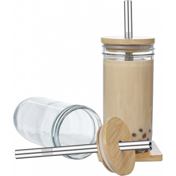 ALINK 버블 티 컵 팩 750ml 유리 컵 2개, 재사용 가능한 스무디 컵, 보바 컵 여행 병, 나무 뚜껑 및 스테인리스 스틸 빨대가 있는 넓은 입 메이슨 병