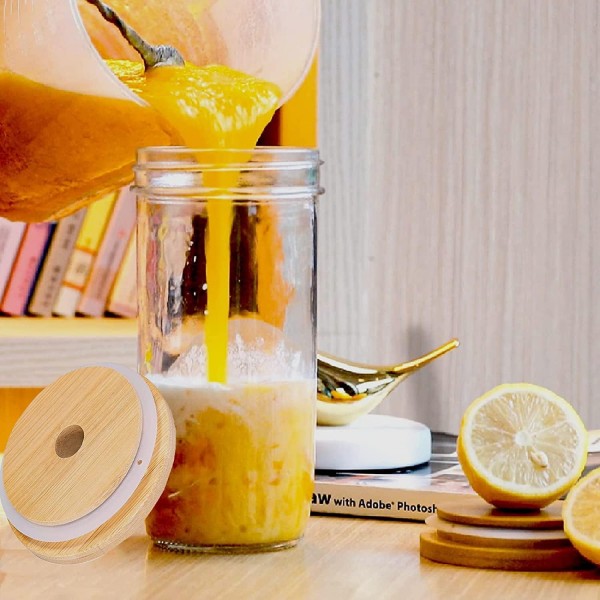 ALINK 버블 티 컵 팩 750ml 유리 컵 2개, 재사용 가능한 스무디 컵, 보바 컵 여행 병, 나무 뚜껑 및 스테인리스 스틸 빨대가 있는 넓은 입 메이슨 병