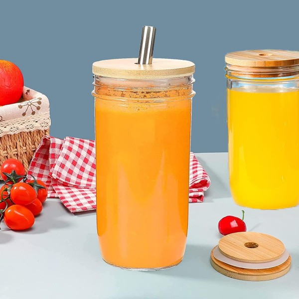 ALINK 버블 티 컵 팩 750ml 유리 컵 2개, 재사용 가능한 스무디 컵, 보바 컵 여행 병, 나무 뚜껑 및 스테인리스 스틸 빨대가 있는 넓은 입 메이슨 병
