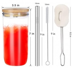 ALINK 버블 티 컵 팩 750ml 유리 컵 2개, 재사용 가능한 스무디 컵, 보바 컵 여행 병, 나무 뚜껑 및 스테인리스 스틸 빨대가 있는 넓은 입 메이슨 병