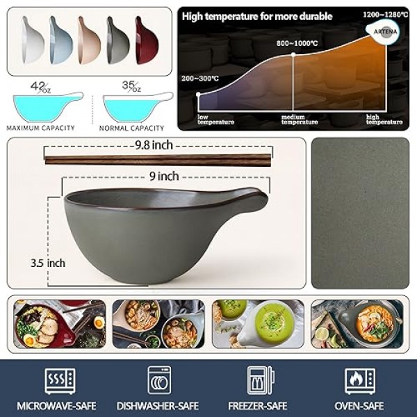아르테나 라면 그릇(젓가락 포함), 42온스 세라믹 국수 그릇, 대형 수프 그릇, 파스타 그릇 세트, 대형 샐러드 그릇, 만두용 딥 쌀국수 그릇, 시리얼, 쌀, 식기세척기 전