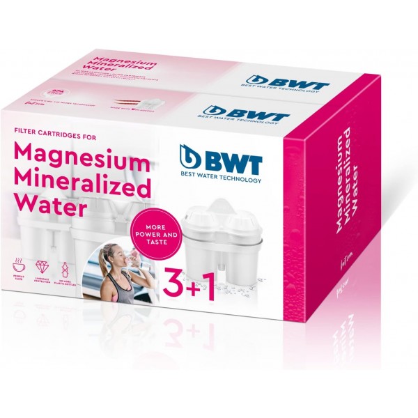 BWT - 814134 - 필터 카트리지 마그네슘 미네랄 워터 - 4개 세트 및 식수 필터 Vida 포함 필터 카트리지 마그네슘 미네랄 워터 1개 I 수동 카운터 I 2.6리터 I 휘발유 4개(1팩) 