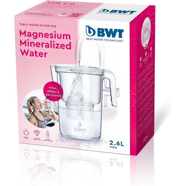 BWT - 814134 - 필터 카트리지 마그네슘 미네랄 워터 - 4개 세트 및 식수 필터 Vida 포함 필터 카트리지 마그네슘 미네랄 워터 1개 I 수동 카운터 I 2.6리터 I 휘발유 4개(1팩) 