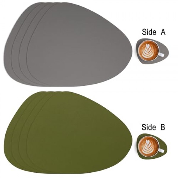 Myir JUN 플레이스매트, 양면 플레이스매트 방수 인조 가죽 플레이스매트 4개 세트 플레이스 매트 및 컵받침 식탁용 미끄럼 방지 세탁 가능 테이블 매트(회색 녹색, 4개 