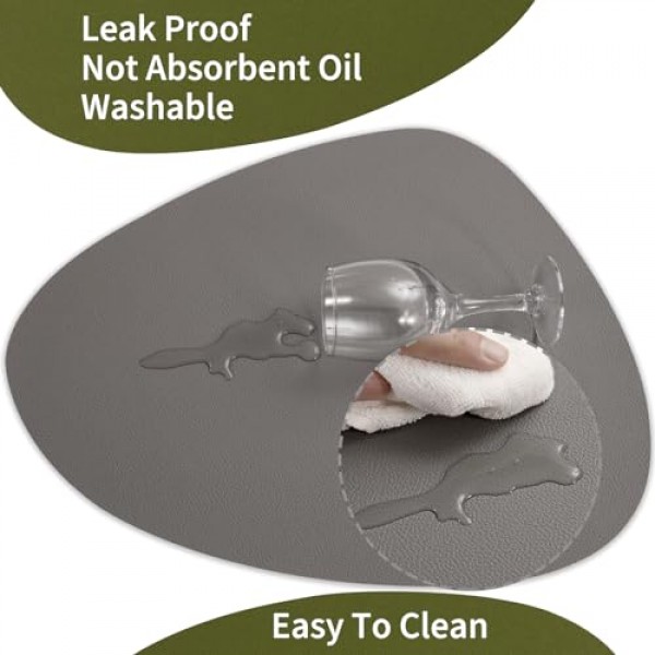 Myir JUN 플레이스매트, 양면 플레이스매트 방수 인조 가죽 플레이스매트 4개 세트 플레이스 매트 및 컵받침 식탁용 미끄럼 방지 세탁 가능 테이블 매트(회색 녹색, 4개 