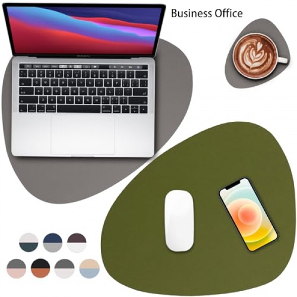 Myir JUN 플레이스매트, 양면 플레이스매트 방수 인조 가죽 플레이스매트 4개 세트 플레이스 매트 및 컵받침 식탁용 미끄럼 방지 세탁 가능 테이블 매트(회색 녹색, 4개 