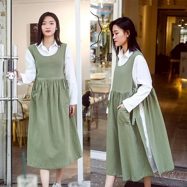 USCHAILIQIANG 여성용 앞치마 포켓 플러스 사이즈, 추가 크기 조정 가능한 요리사 가든 주방 앞치마 코튼 린넨 작업 앞치마