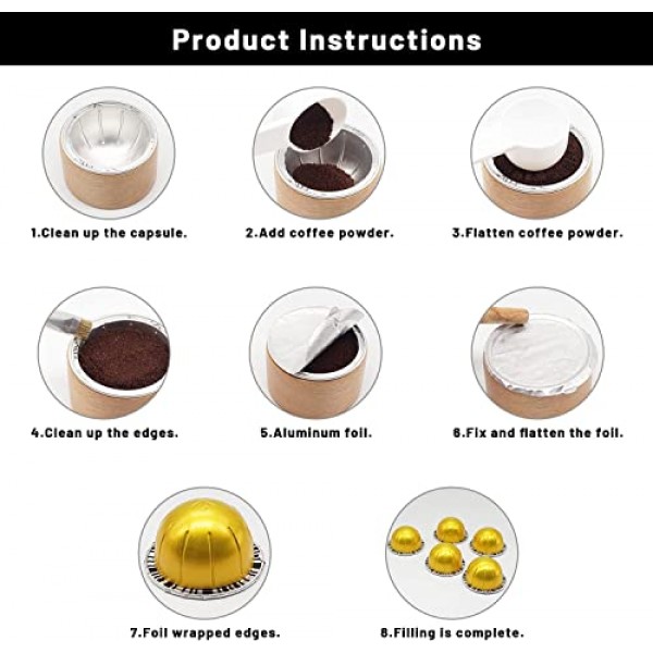 재사용 가능한 Vertuo 캡슐 리필 키트 100Pcs 홀더, 스쿠프 및 브러시가 포함된 Nespresso VertuoLine 캡슐용 알루미늄 호일 씰 뚜껑
