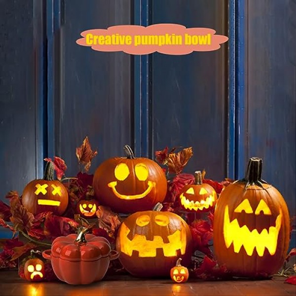 FTNESGYM 귀여운 그릇, 뚜껑이 있는 호박 세라믹 그릇, 전자레인지 및 식기세척기 손잡이가 있는 안전한 디저트 또는 수프 그릇, 추수감사절 할로윈 호박 파티용 장식 식