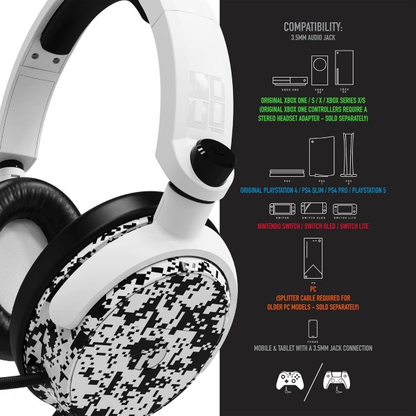 Stealth C6-100 게임용 헤드셋 XBox One 시리즈 S/X PS4/5와 호환되는 흰색 디지털 카모 멀티 플랫폼 강력한 40mm 스피커가 장착된 휴대 전화 및 태블릿 3.5mm 잭 오버화이트 카모