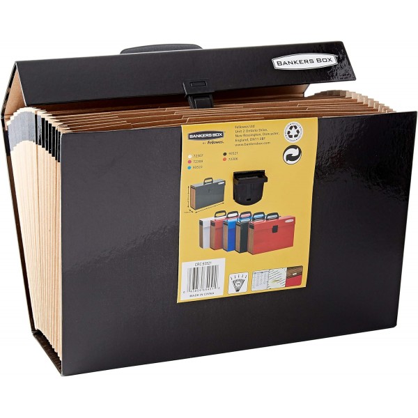 Bankers Box Folder Handifile, 운반용 핸들 및 버클 포함, 19개의 구획, 레지스터 라벨 포함, 색상: 블랙, 1개 블랙 싱글