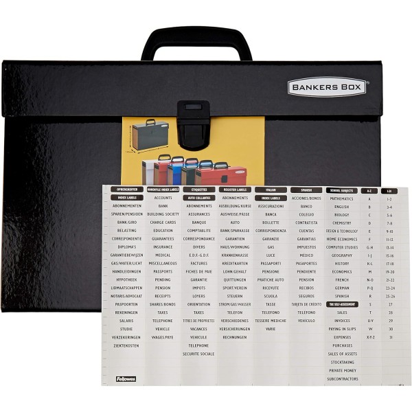 Bankers Box Folder Handifile, 운반용 핸들 및 버클 포함, 19개의 구획, 레지스터 라벨 포함, 색상: 블랙, 1개 블랙 싱글