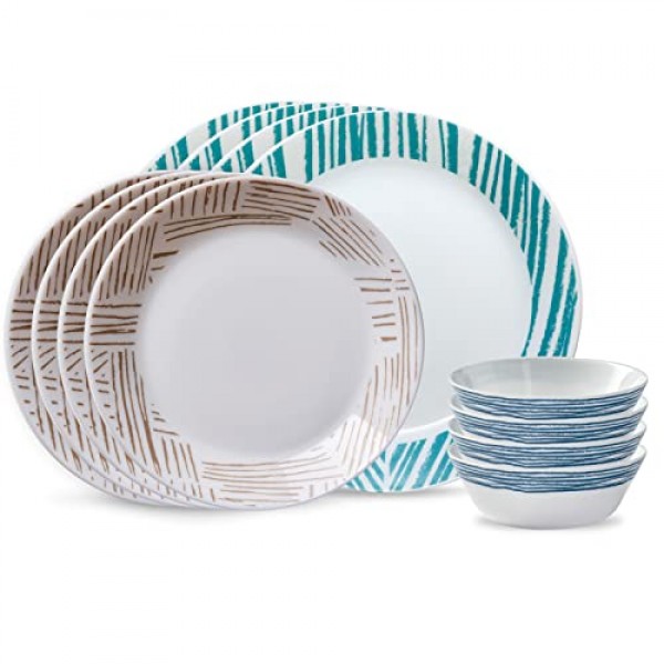 Corelle Everyday Expressions 12개 식기 세트, 4인용, 내구성이 뛰어나고 친환경적, 테두리가 높은 유리 접시 및 그릇 세트, 전자레인지 및 식기세척기 사용 가능, 기하학