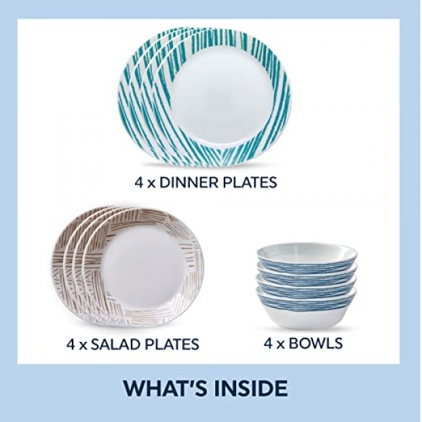 Corelle Everyday Expressions 12개 식기 세트, 4인용, 내구성이 뛰어나고 친환경적, 테두리가 높은 유리 접시 및 그릇 세트, 전자레인지 및 식기세척기 사용 가능, 기하학