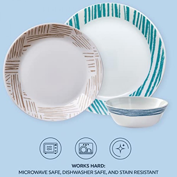 Corelle Everyday Expressions 12개 식기 세트, 4인용, 내구성이 뛰어나고 친환경적, 테두리가 높은 유리 접시 및 그릇 세트, 전자레인지 및 식기세척기 사용 가능, 기하학