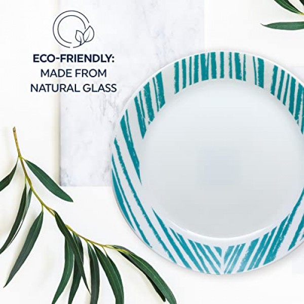 Corelle Everyday Expressions 12개 식기 세트, 4인용, 내구성이 뛰어나고 친환경적, 테두리가 높은 유리 접시 및 그릇 세트, 전자레인지 및 식기세척기 사용 가능, 기하학