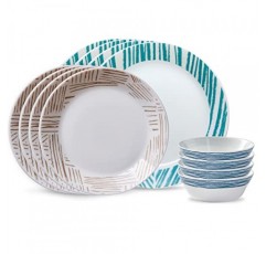 Corelle Everyday Expressions 12개 식기 세트, 4인용, 내구성이 뛰어나고 친환경적, 테두리가 높은 유리 접시 및 그릇 세트, 전자레인지 및 식기세척기 사용 가능, 기하학
