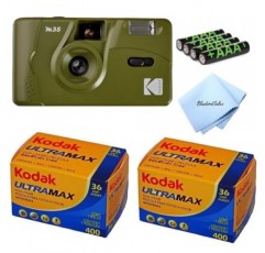 Kodak M35 즉석 카메라 스타터 번들: Kodak GC36 필름 2개 + AAA 배터리 4팩 + 렌즈 청소용 천(올리브 그린)