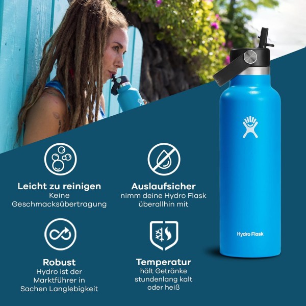 HYDRO FLASK - 플렉스 스트로 뚜껑이 있는 드링킹 보틀 621ml(21oz) - 진공 단열, 재사용 가능한 스테인리스 스틸 보틀 - 누수 방지 뚜껑 - 핫 & 콜드 - 표준 입, BPA 프리 - 화이