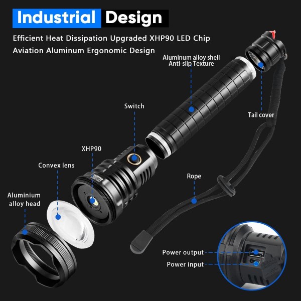 WholeFire LED 토치 Super Bright 90000 Lumens XHP90 USB 충전식 전원 표시기, 5가지 모드 실내 실외용 휴대용 방수 강력한 손전등, 배터리 포함