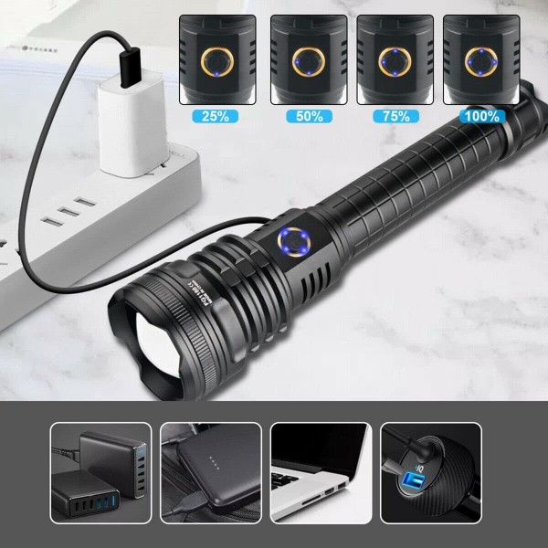 WholeFire LED 토치 Super Bright 90000 Lumens XHP90 USB 충전식 전원 표시기, 5가지 모드 실내 실외용 휴대용 방수 강력한 손전등, 배터리 포함