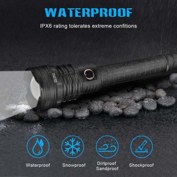 WholeFire LED 토치 Super Bright 90000 Lumens XHP90 USB 충전식 전원 표시기, 5가지 모드 실내 실외용 휴대용 방수 강력한 손전등, 배터리 포함