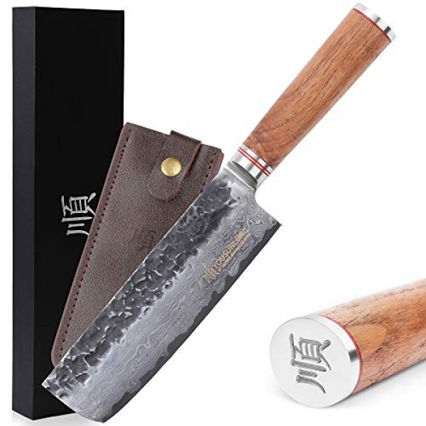 YOUSUNLONG 나키리 칼 6.5인치 일본 해머드 다마스커스 미국 호두 손잡이