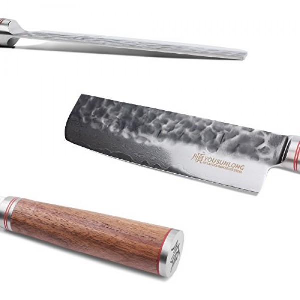 YOUSUNLONG 나키리 칼 6.5인치 일본 해머드 다마스커스 미국 호두 손잡이