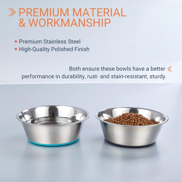 PEGGY11 스테인레스 스틸 딥 도그 그릇 2 팩 디자인, 미끄럼 방지 실리콘 금속 먹이 및 음료 그릇 대형, 중형 및 소형 개 식기 세척기 안전 개 그릇 3800ml 각 2 팩 블루 & 그
