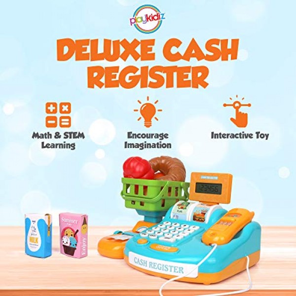 Playkidz 어린이를 위한 대화형 장난감 금전 등록기 - 소리 및 조기 학습 놀이 - 휴대용 스캐너 및 계산기, 작동하는 컨베이어 벨트