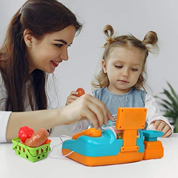 Playkidz 어린이를 위한 대화형 장난감 금전 등록기 - 소리 및 조기 학습 놀이 - 휴대용 스캐너 및 계산기, 작동하는 컨베이어 벨트