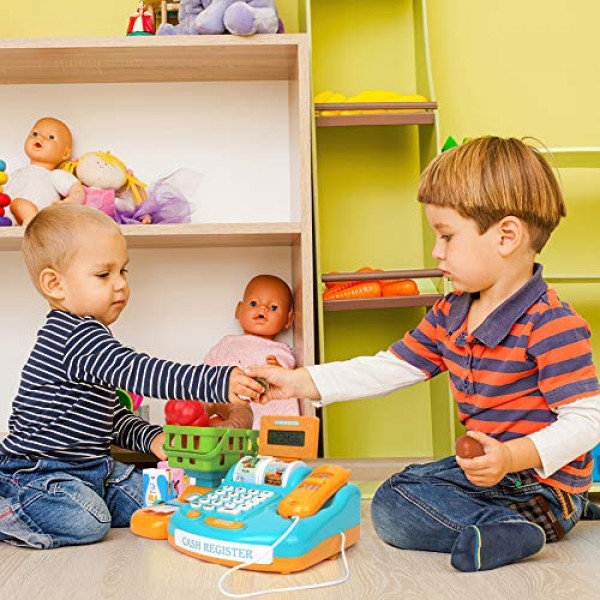 Playkidz 어린이를 위한 대화형 장난감 금전 등록기 - 소리 및 조기 학습 놀이 - 휴대용 스캐너 및 계산기, 작동하는 컨베이어 벨트