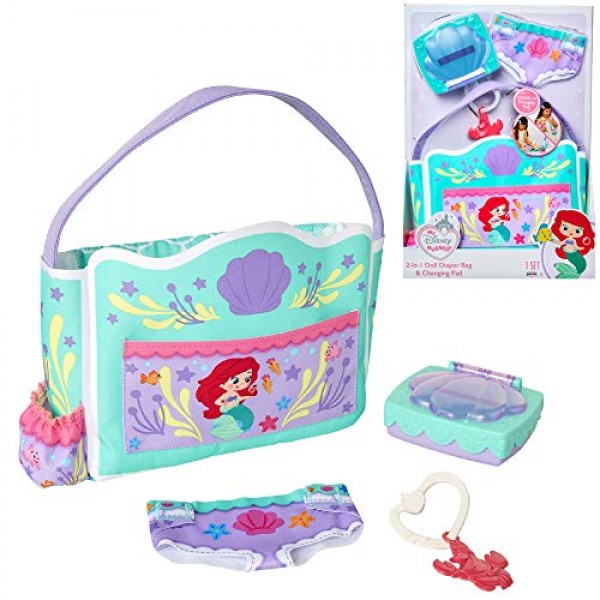My Disney Nursery Baby Doll Accessories, Ariel Transforming 2-in-1 기저귀 가방 및 디즈니 인어공주에서 영감을 받은 인형용 기저귀 교환대! 척 물티슈 장난감 용기, 참이 달린 기저귀