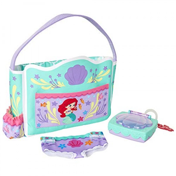 My Disney Nursery Baby Doll Accessories, Ariel Transforming 2-in-1 기저귀 가방 및 디즈니 인어공주에서 영감을 받은 인형용 기저귀 교환대! 척 물티슈 장난감 용기, 참이 달린 기저귀