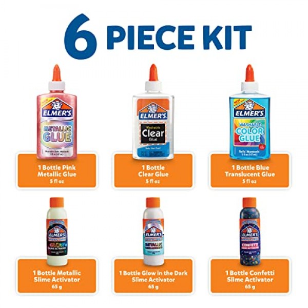 Elmer의 컬렉션 슬라임 키트 공급품에는 Glow In The Dark Magical Liquid Slime Activator, Metallic Magical Liquid, Confetti Magical Liquid, 반투명 접착제, 금속 접착제, 투명 접착제, 6개 포함