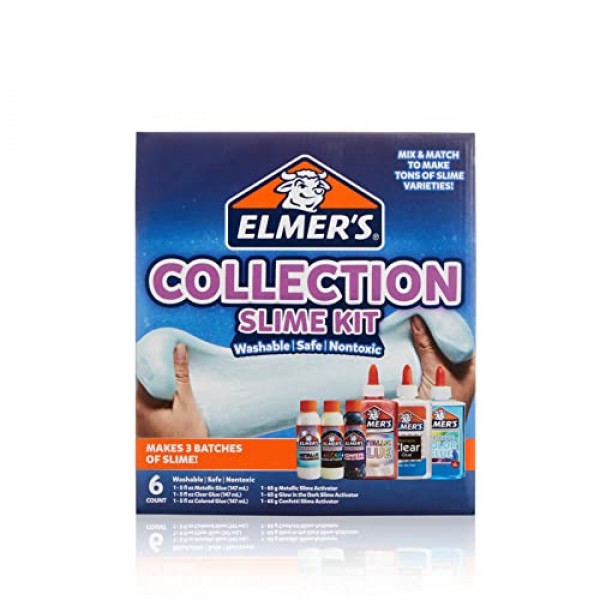 Elmer의 컬렉션 슬라임 키트 공급품에는 Glow In The Dark Magical Liquid Slime Activator, Metallic Magical Liquid, Confetti Magical Liquid, 반투명 접착제, 금속 접착제, 투명 접착제, 6개 포함