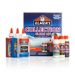 Elmer의 컬렉션 슬라임 키트 공급품에는 Glow In The Dark Magical Liquid Slime Activator, Metallic Magical Liquid, Confetti Magical Liquid, 반투명 접착제, 금속 접착제, 투명 접착제, 6개 포함
