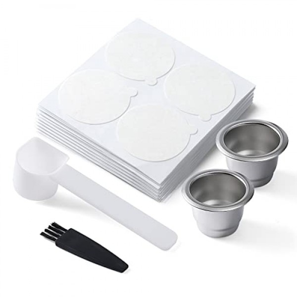 Nespresso OriginalLine 머신과 호환되는 재사용 가능한 2개 커피 캡슐, 100개의 종이 스티커 뚜껑이 있는 스테인레스 스틸 리필 가능 커피 포드 더 많은 크림을 얻으세요